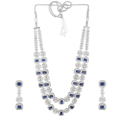 Estele Rhodium Plated CZ Astonishing Double Layered Necklace Set with Blue Stones for Women