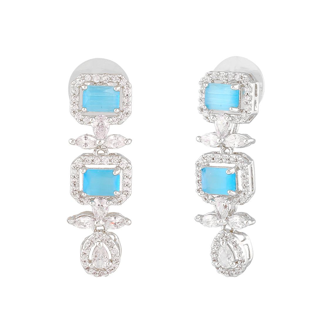 Estele Rhodium Plated CZ Magnificent Earrings with Mint Blue for Women
