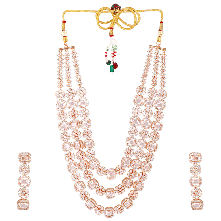 Estele Rose Gold Plated CZ Dazzling Three Layered Dulhan Necklace Set with White Stones for Women