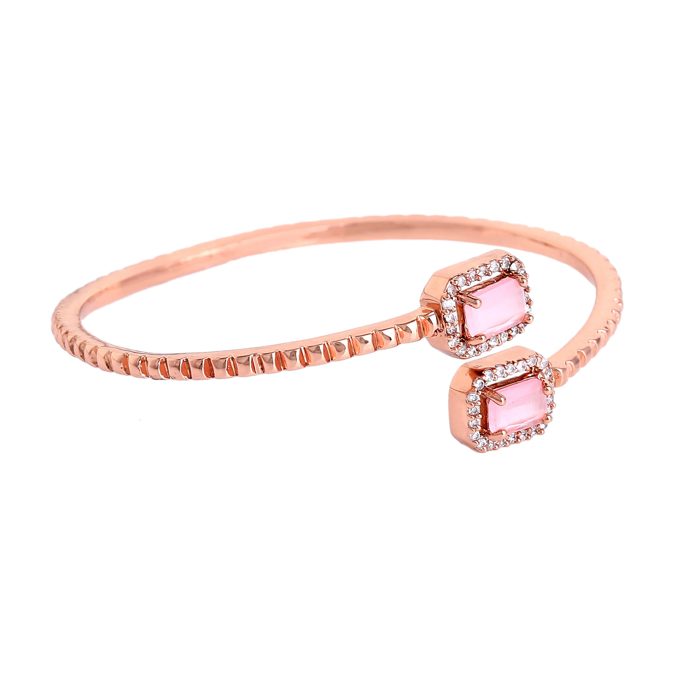 Estele Rosegold Plated Trendy Square Patterned Lightweight Kada Bracelet with Mint Pink Glittering American Diamonds for Women