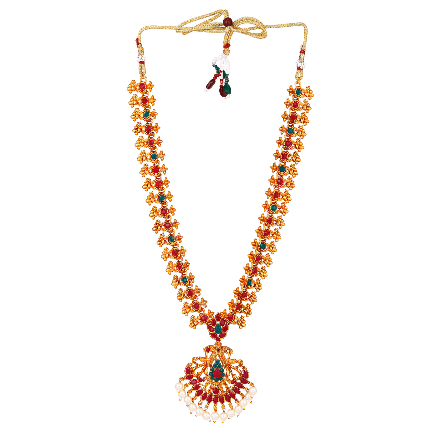 Estele Gold Plated Double line Peacock Nakshi Temple Necklace Set with Colored Stones & Pearls for Women