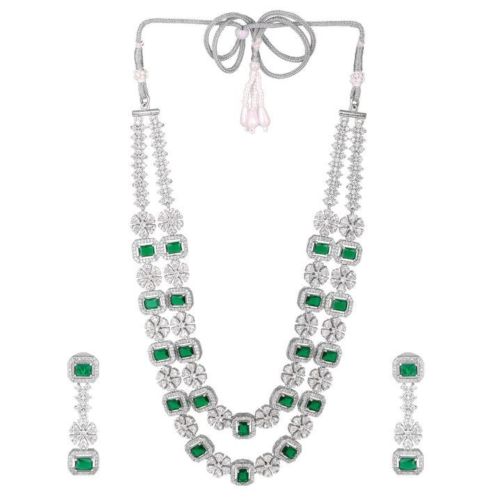 Estele Rhodium Plated CZ Dazzling Double Layered Designer Necklace Set with Green & White Crystals for Women