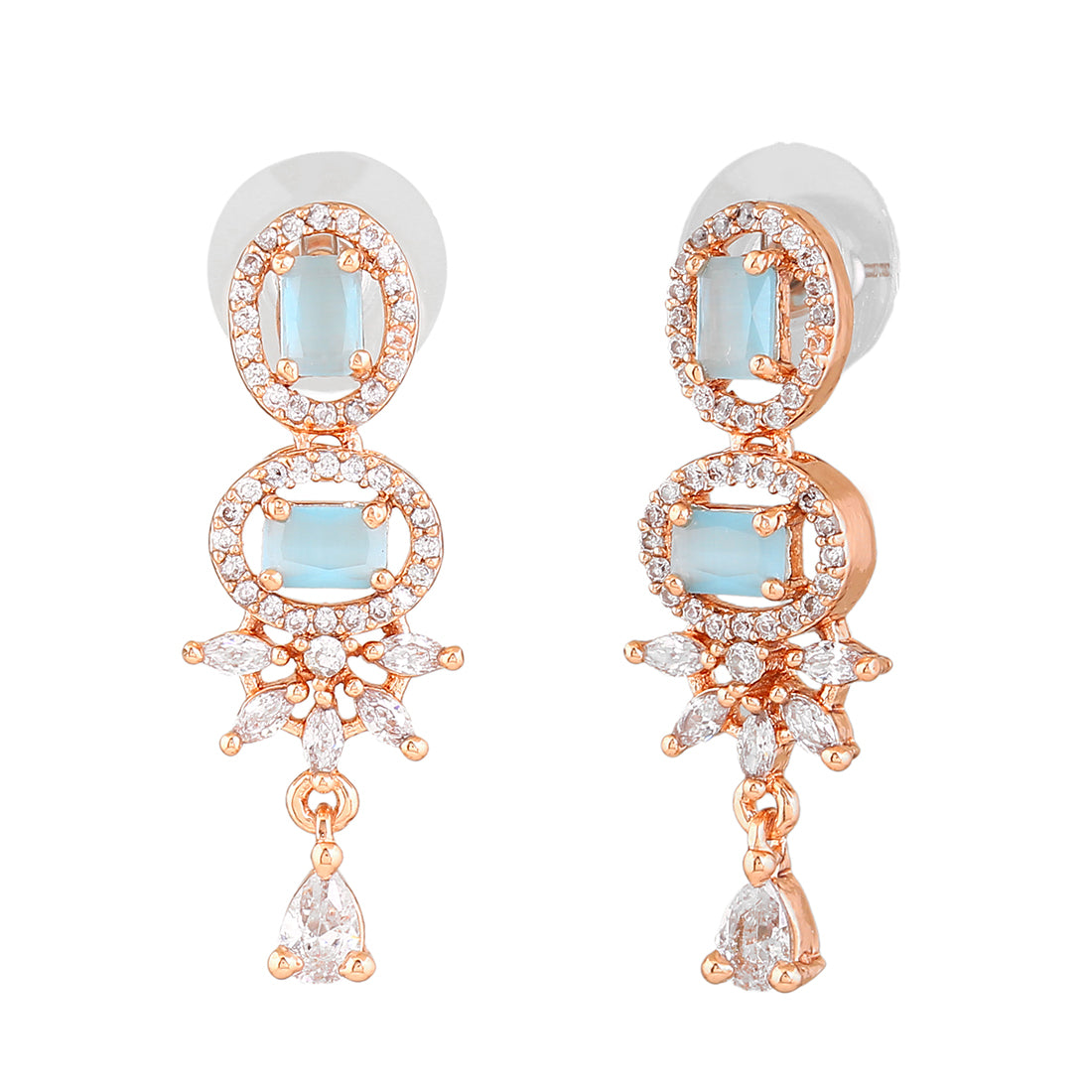 Estele Rose Gold Plated CZ Adorable Earrings With Mint Blue Crystals For Women