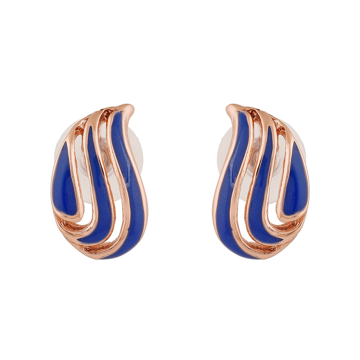 Estele Rose Gold Plated Leaf Designer Stud Earrings with Blue Enamel for Women