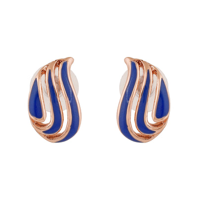 Estele Rose Gold Plated Leaf Designer Stud Earrings with Blue Enamel for Women