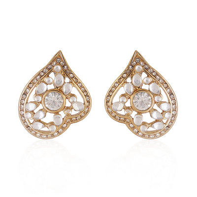 Estele Gold Plated Leaf Shaped Stud Earrings with Kundan for Women