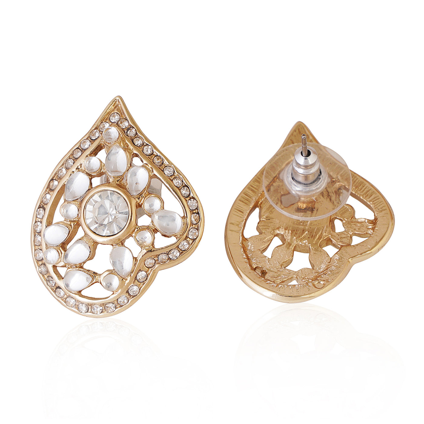 Estele Gold Plated Leaf Shaped Stud Earrings with Kundan for Women