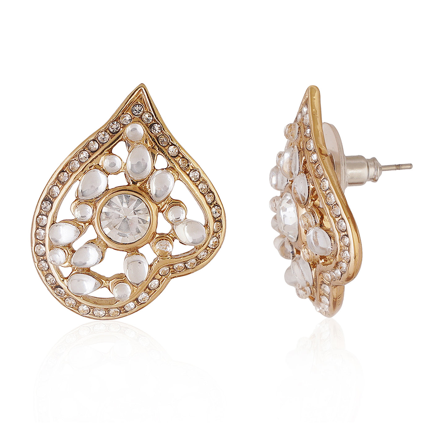 Estele Gold Plated Leaf Shaped Stud Earrings with Kundan for Women