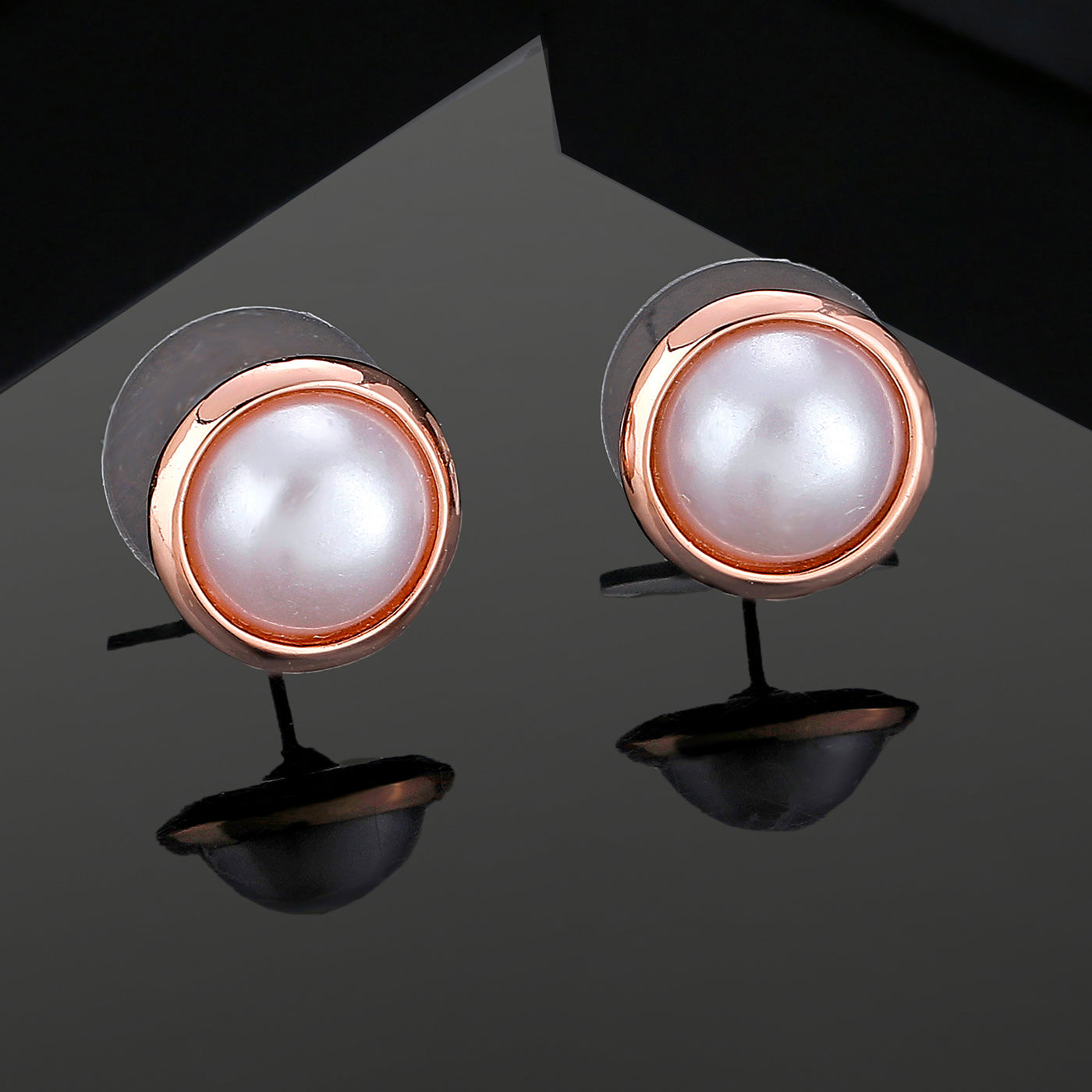 Estele Rose Gold Plated Round Pearl Stud Earrings for Women