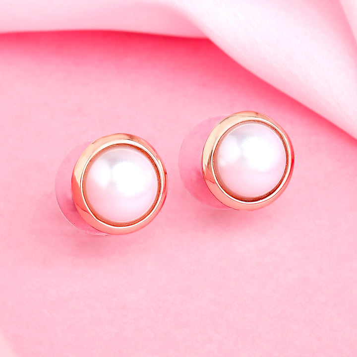 Estele Rose Gold Plated Round Pearl Stud Earrings for Women