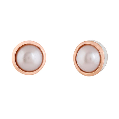 Estele Rose Gold Plated Round Pearl Stud Earrings for Women