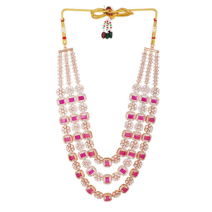 Estele Rose Gold Plated CZ Dazzling Three Layered Dulhan Necklace Set with Ruby Stones for Women