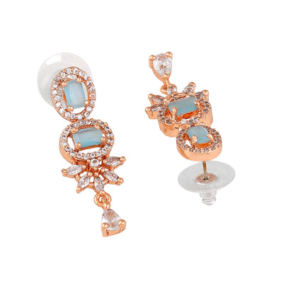 Estele Rose Gold Plated CZ Adorable Earrings With Mint Blue Crystals For Women