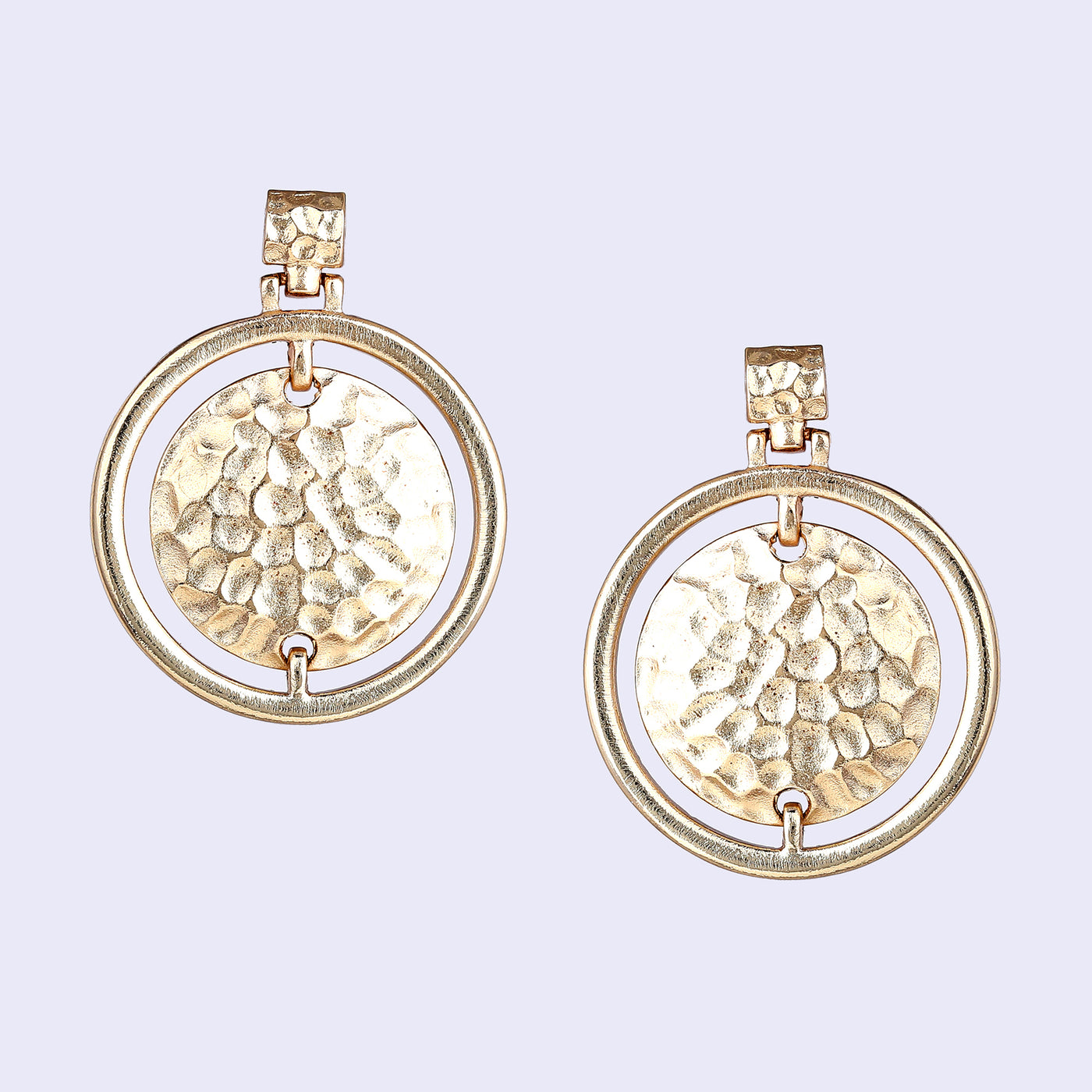 Estele Gold Tone Dual Circular Pattern Beaten Gold Drop Earrings for Women