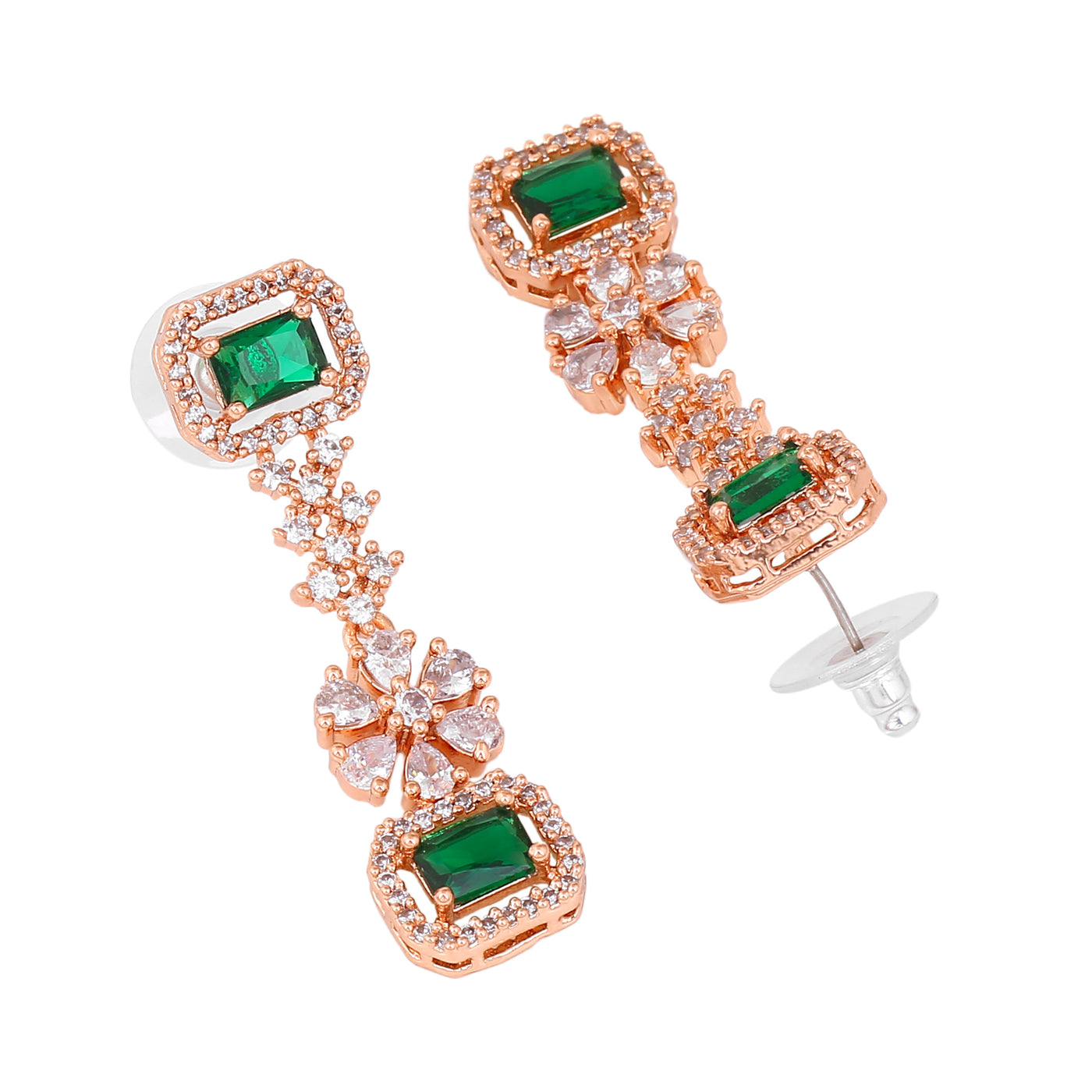 Estele Rose Gold Plated CZ Dazzling Double Layered Designer Necklace Set with Green & White Crystals for Women