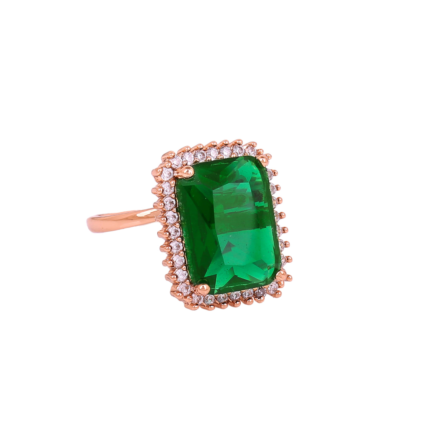 Estele Rose Gold Plated CZ Sparkling Finger Ring with Green Stones for Women