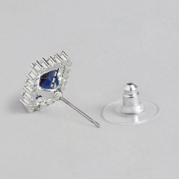 Estele Rhodium Plated CZ Square Shaped Pendant Set with Blue Stones for Women