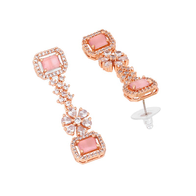 Estele Rose Gold Plated CZ Captivating Double Layered Necklace Set with Mint Pink & White Crystals for Women