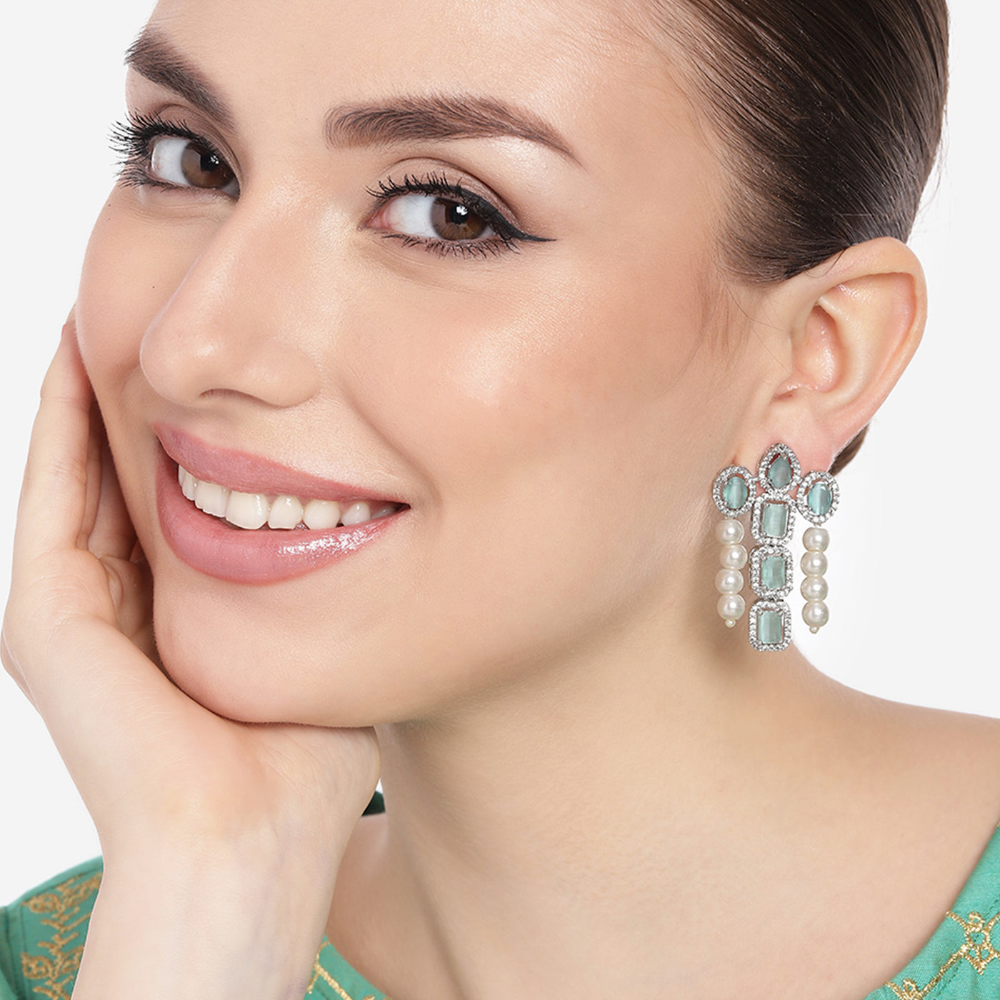 Estele Rhodium Plated CZ Astonishing Drop Earrings with Mint Green Stones & Pearls for Women