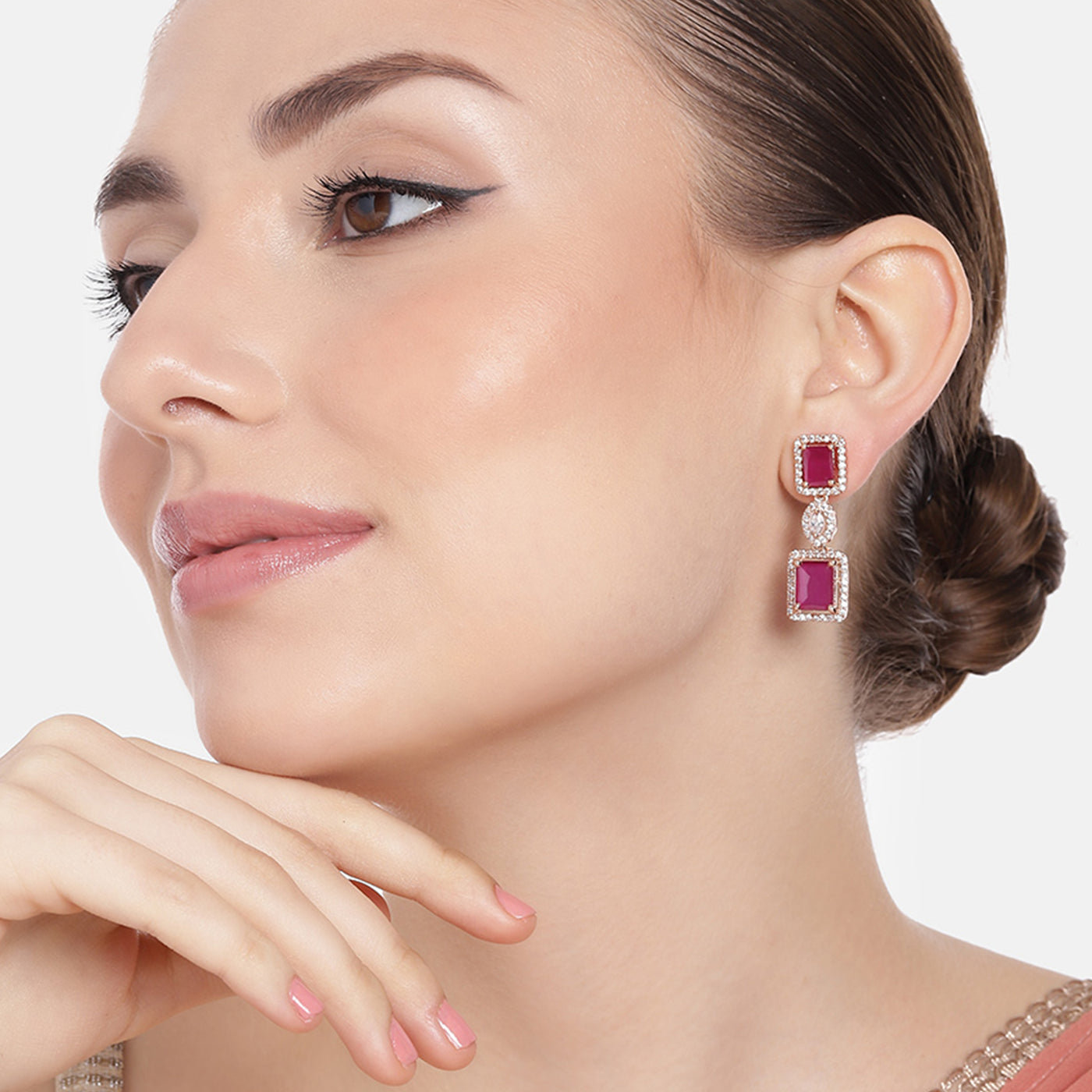 Estele Rose Gold Plated CZ Shimmering Square Designer Earrings with Ruby Stones for Women