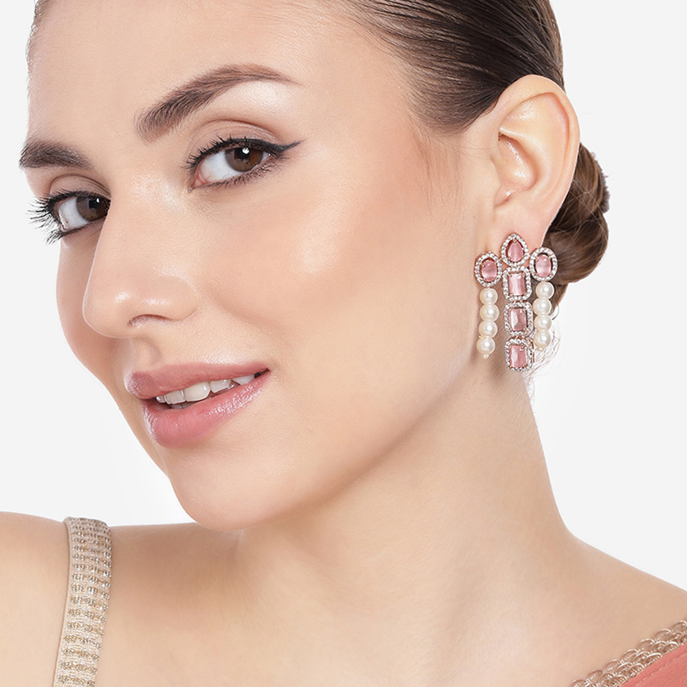 Estele Rose Gold Plated CZ Astonishing Drop Earrings with Mint Pink Stones & Pearls for Women