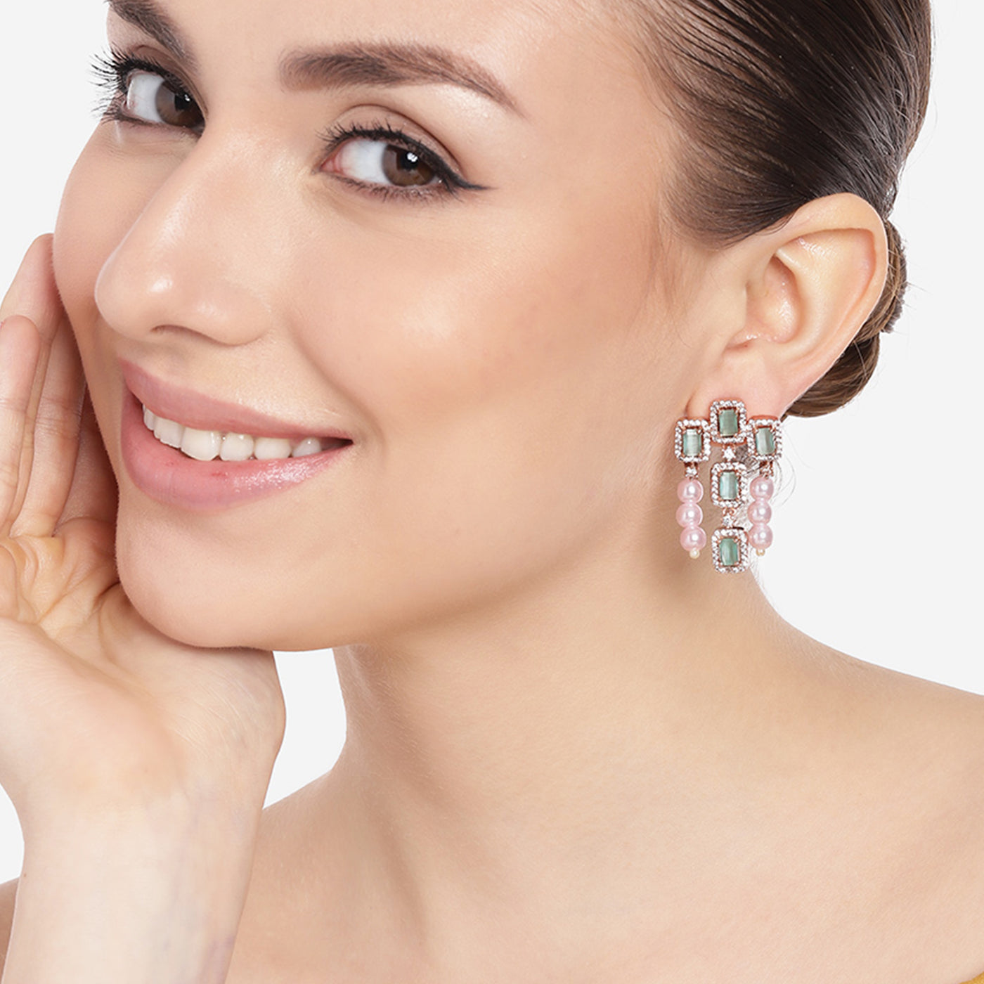 Estele Rose Gold Plated CZ Shimmering Earrings with Mint Green Stones & Pearls for Women