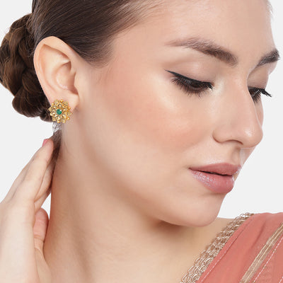 Estele Gold Plated Flower Designer Matt Finish Stud Earrings with Green Crystals for Women