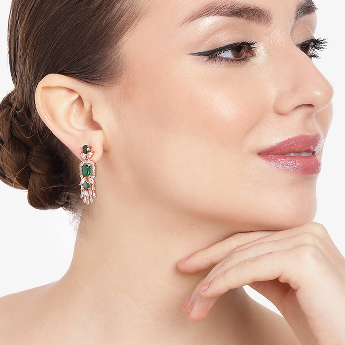 Estele Rose Gold Plated CZ Ablaze Drop Earrings with Green Stones for Women