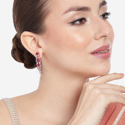 Estele Rose Gold Plated CZ Ablaze Drop Earrings with Ruby Stones for Women