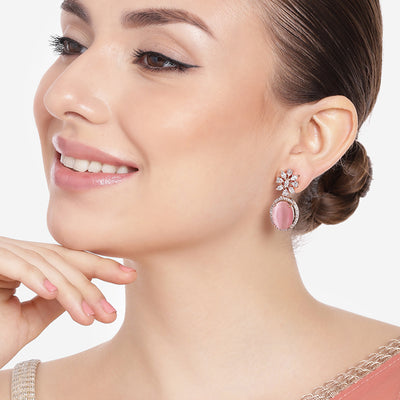 Estele Rose Gold Plated CZ Gorgeous Drop Earrings with Mint Pink Stones for Women