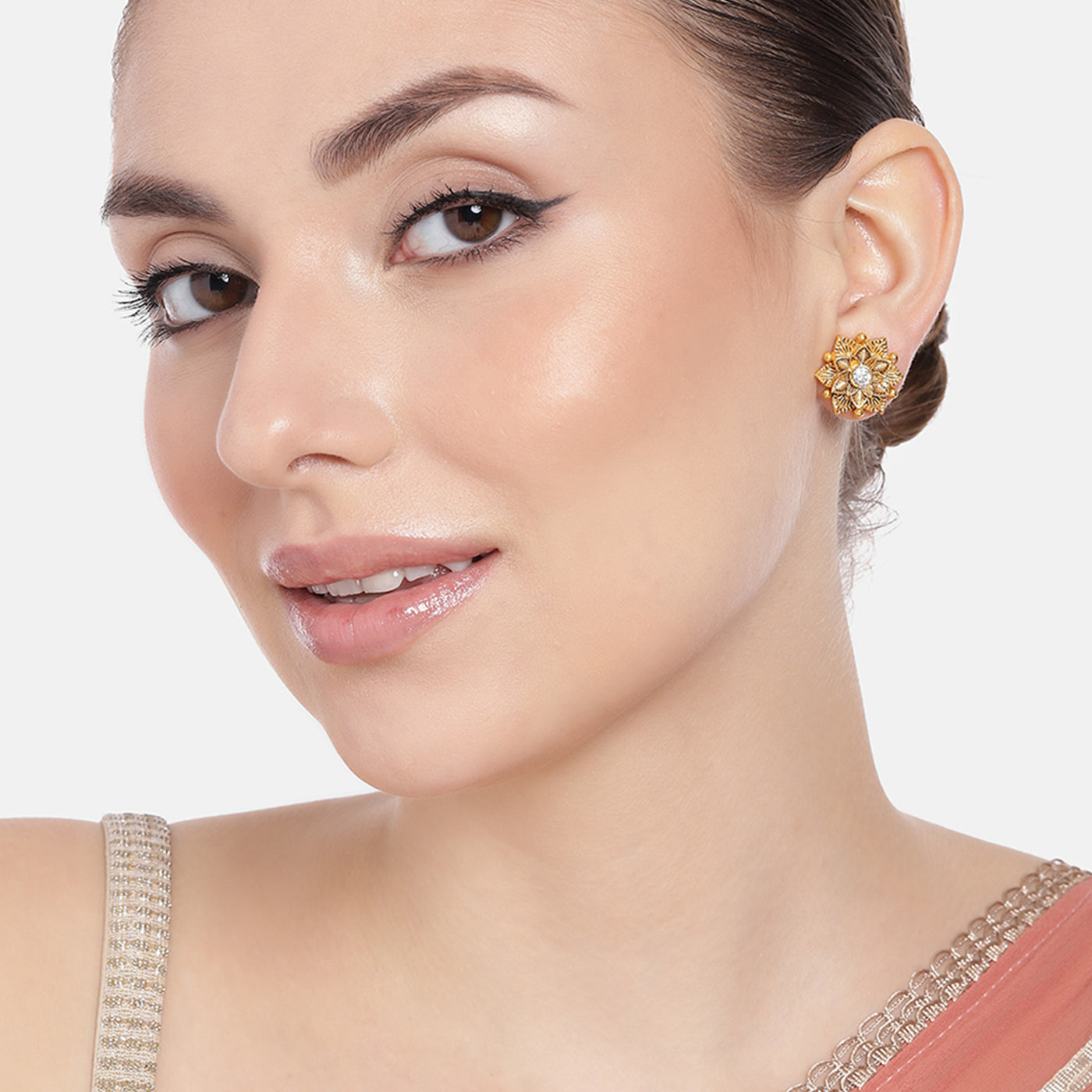 Estele Gold Plated Flower Designer Matt Finish Stud Earrings with White Crystals for Women
