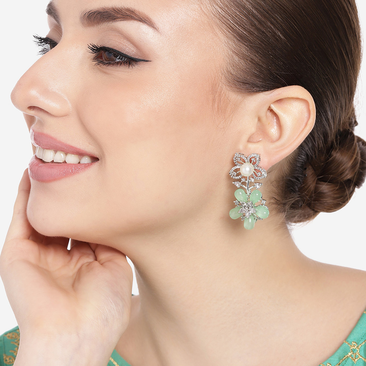 Estele Rhodium Plated CZ Dazzling Daisy Earrings with Mint Green Stones for Women