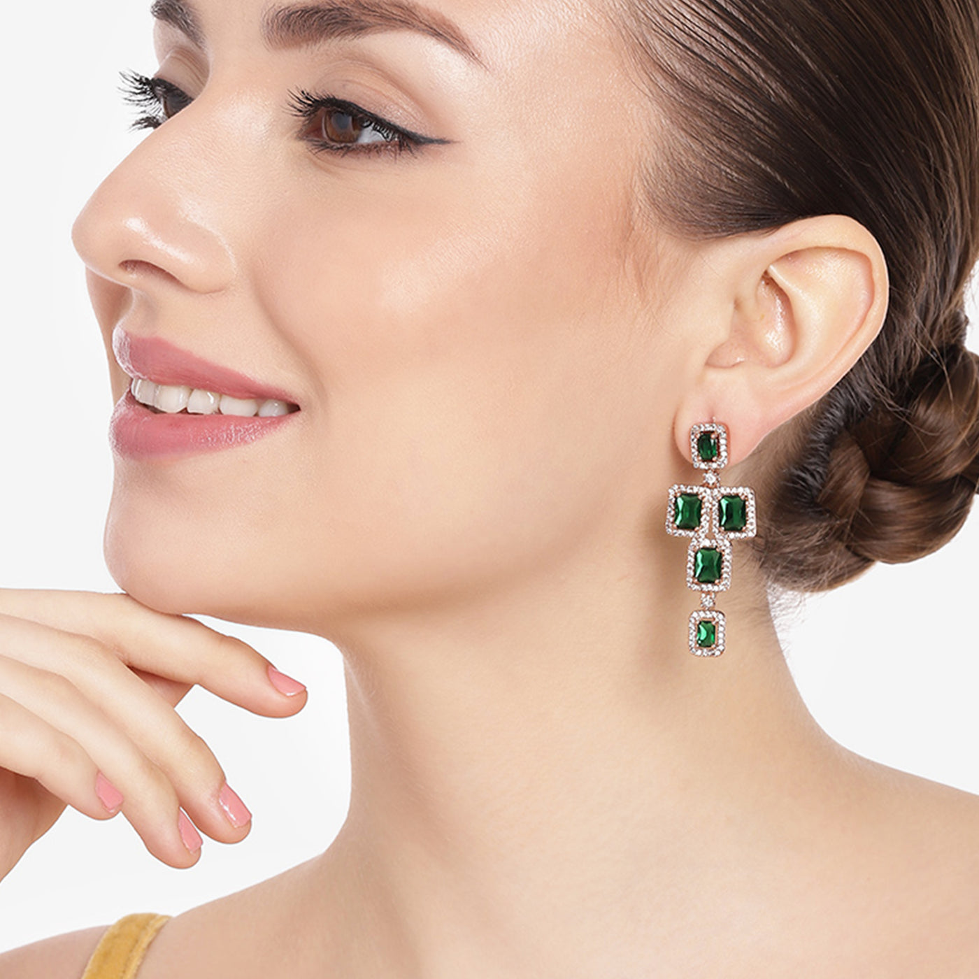 Estele Rose Gold Plated CZ Dazzling Earrings with Green Stones for Women