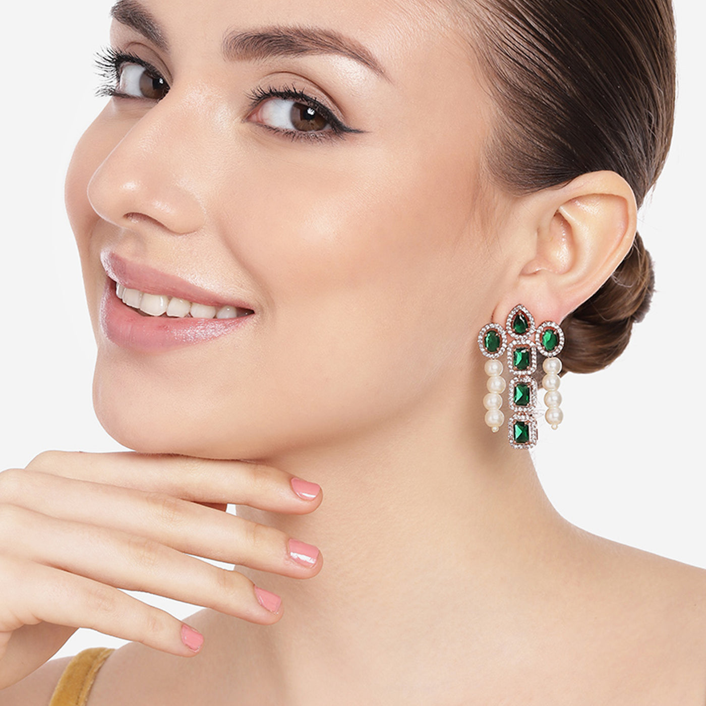 Estele Rose Gold Plated CZ Astonishing Drop Earrings with Green Stones & Pearls for Women