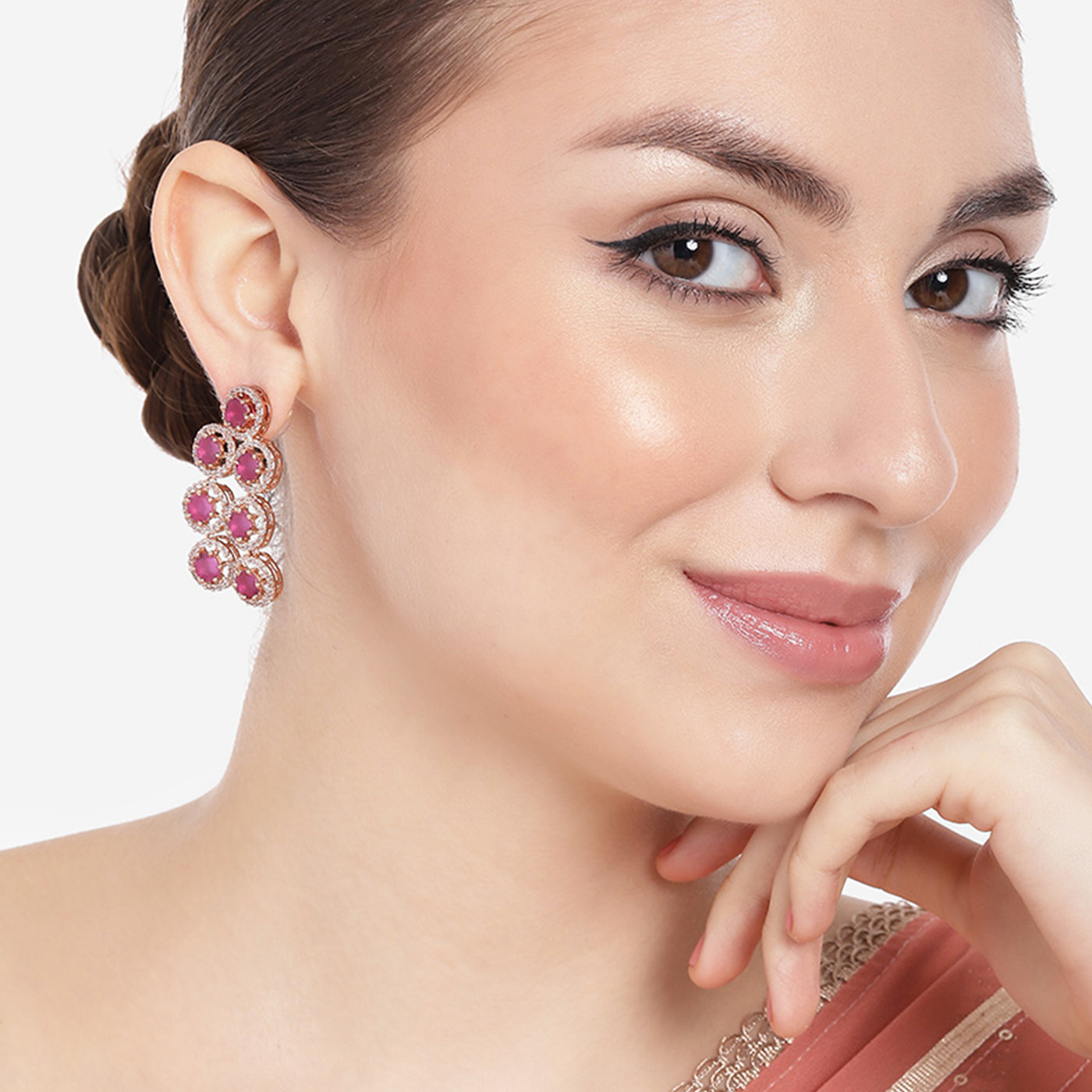 Estele Rose Gold Plated CZ Splendid Drop Earrings with Ruby Stones for Women