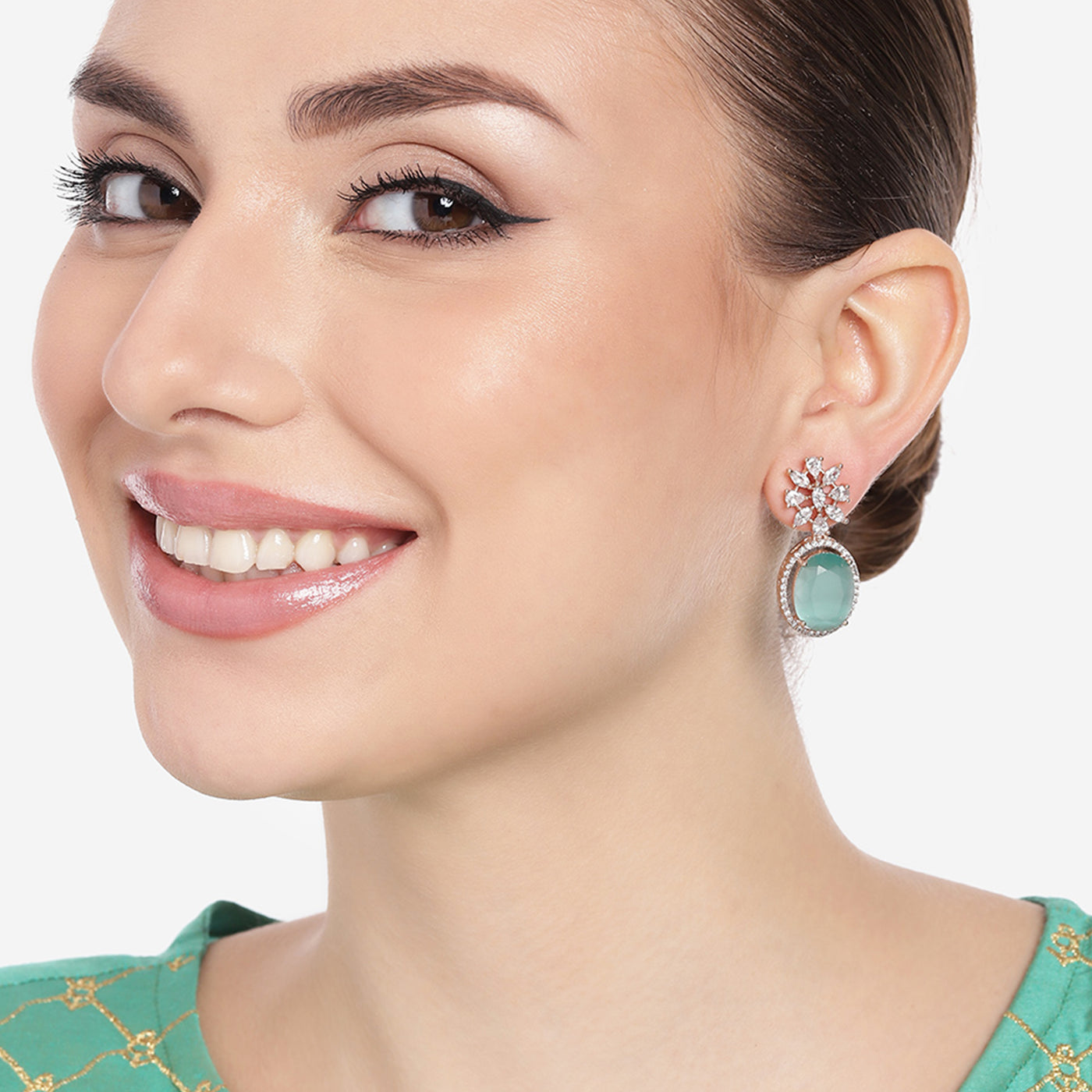 Estele Rose Gold Plated CZ Gorgeous Drop Earrings with Mint Green Stones for Women