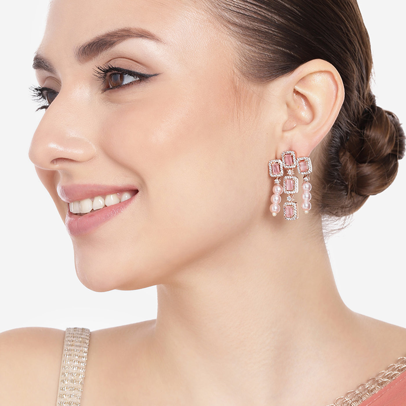 Estele Rose Gold Plated CZ Shimmering Earrings with Mint Pink Stones & Pearls for Women