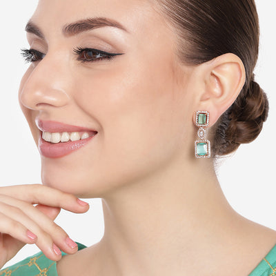 Estele Rose Gold Plated CZ Shimmering Square Designer Earrings with Mint Green Stones for Women