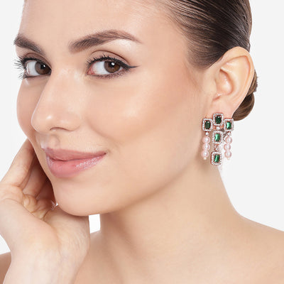 Estele Rose Gold Plated CZ Shimmering Earrings with Green Stones & Pearls for Women