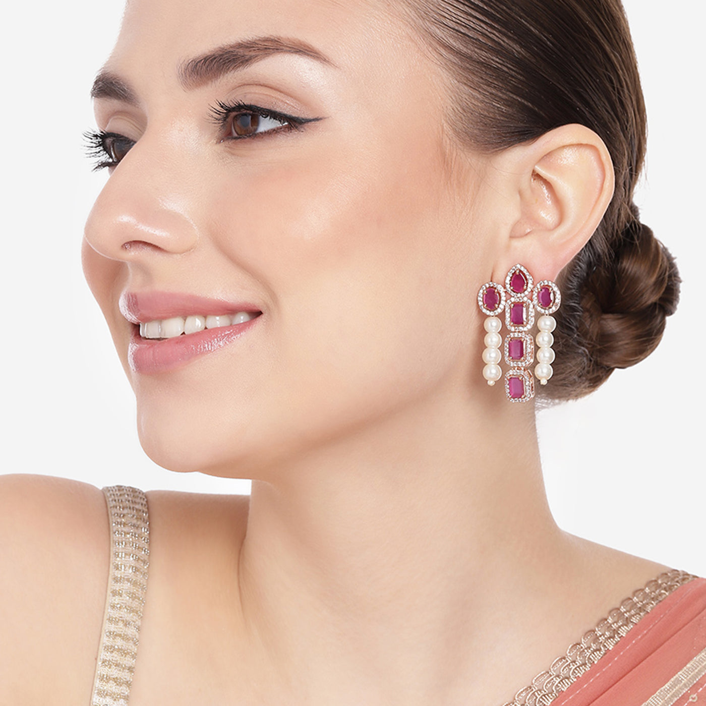 Estele Rose Gold Plated CZ Astonishing Drop Earrings with Ruby Stones & Pearls for Women