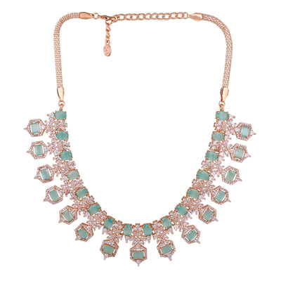 Estele Rose Gold Plated CZ Astonishing Necklace Set with Mint Green Stones for Women