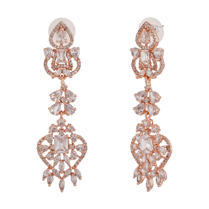 Estele Rose Gold Plated CZ Magnificent Drop Earrings with White Crystals for Women