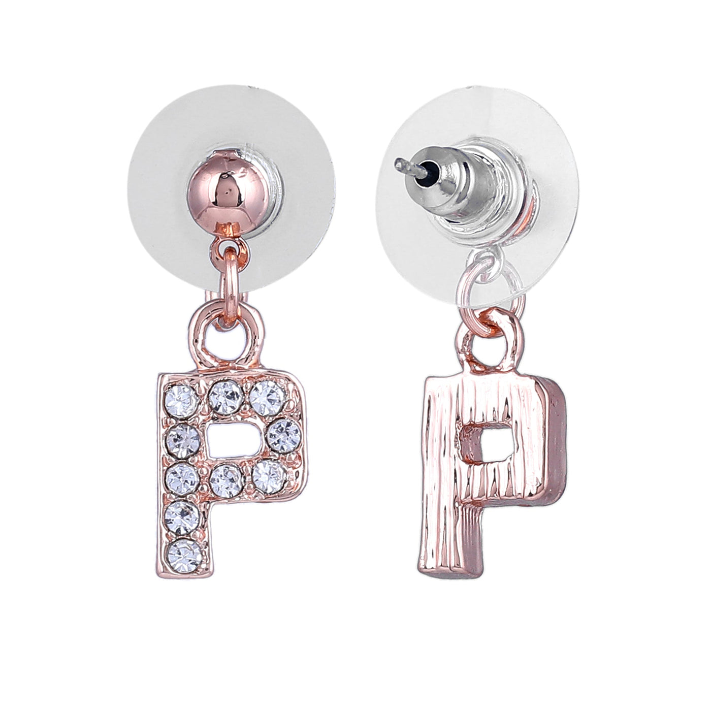 Estele Rose Gold Plated Magnificent Medium 'P' Letter Earrings with Crystals for Women