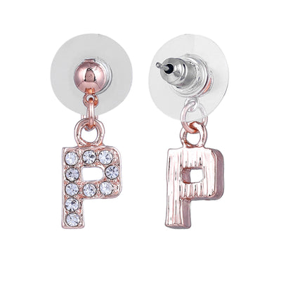 Estele Rose Gold Plated Magnificent Medium 'P' Letter Earrings with Crystals for Women