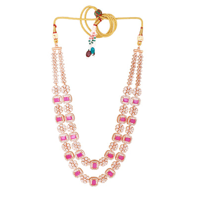 Estele Rose Gold Plated CZ Sparkling Two Layered Dulhan Necklace Set with Ruby Stones for Women