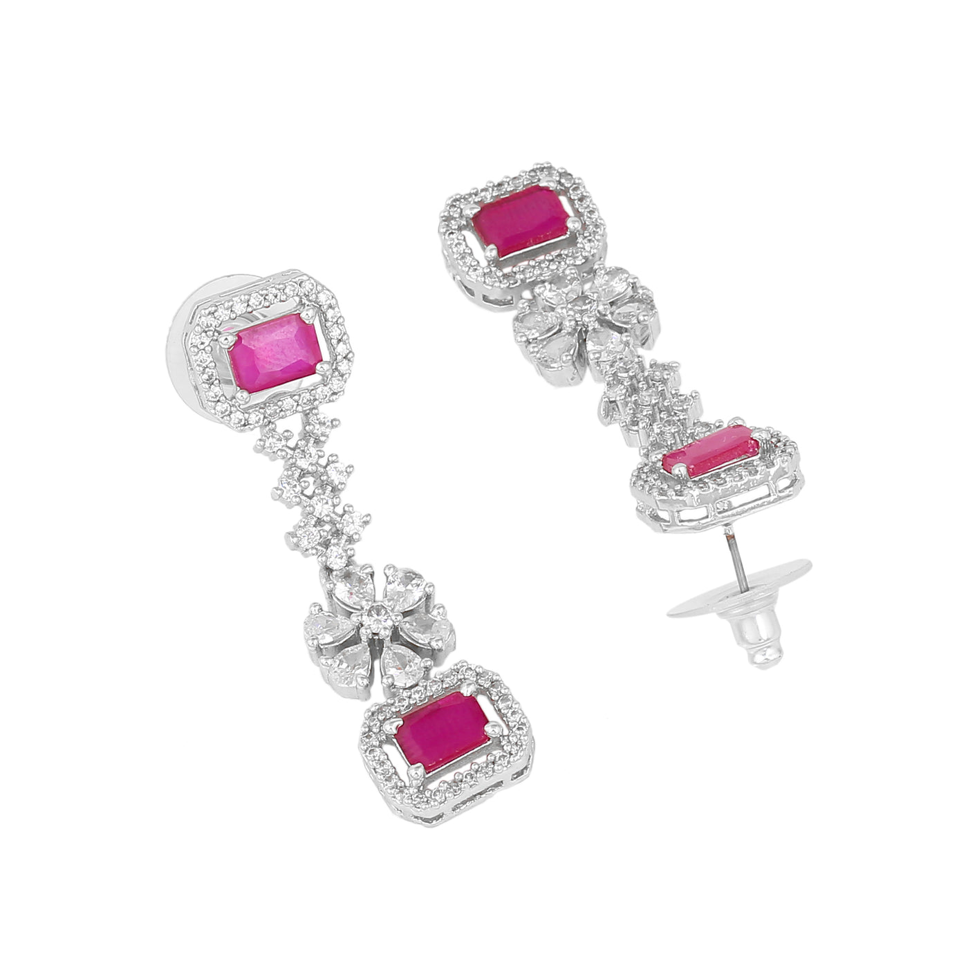 Estele Rhodium Plated CZ Captivating Double Layered Necklace Set with Ruby & White Crystals for Women