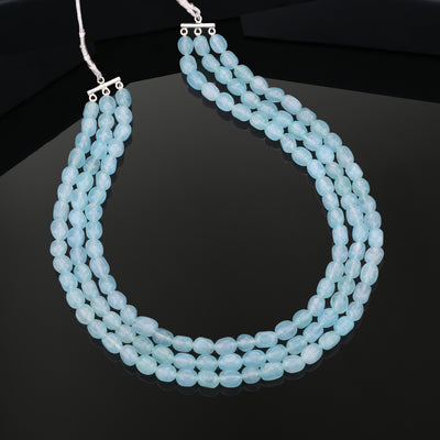 Estele Rhodium Plated Magnificent Designer Three Layered Necklace with Mint Blue Beads for Girls and Women