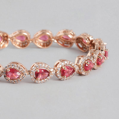 Estele Rose Gold Plated CZ Classic Drop Designer Bracelet with Tourmaline Pink Stones for Women