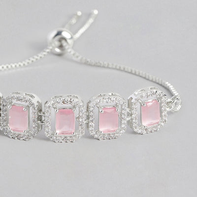 Estele Rhodium Plated CZ Ossum Octagon Bracelet With Mint Pink Crystals for Women