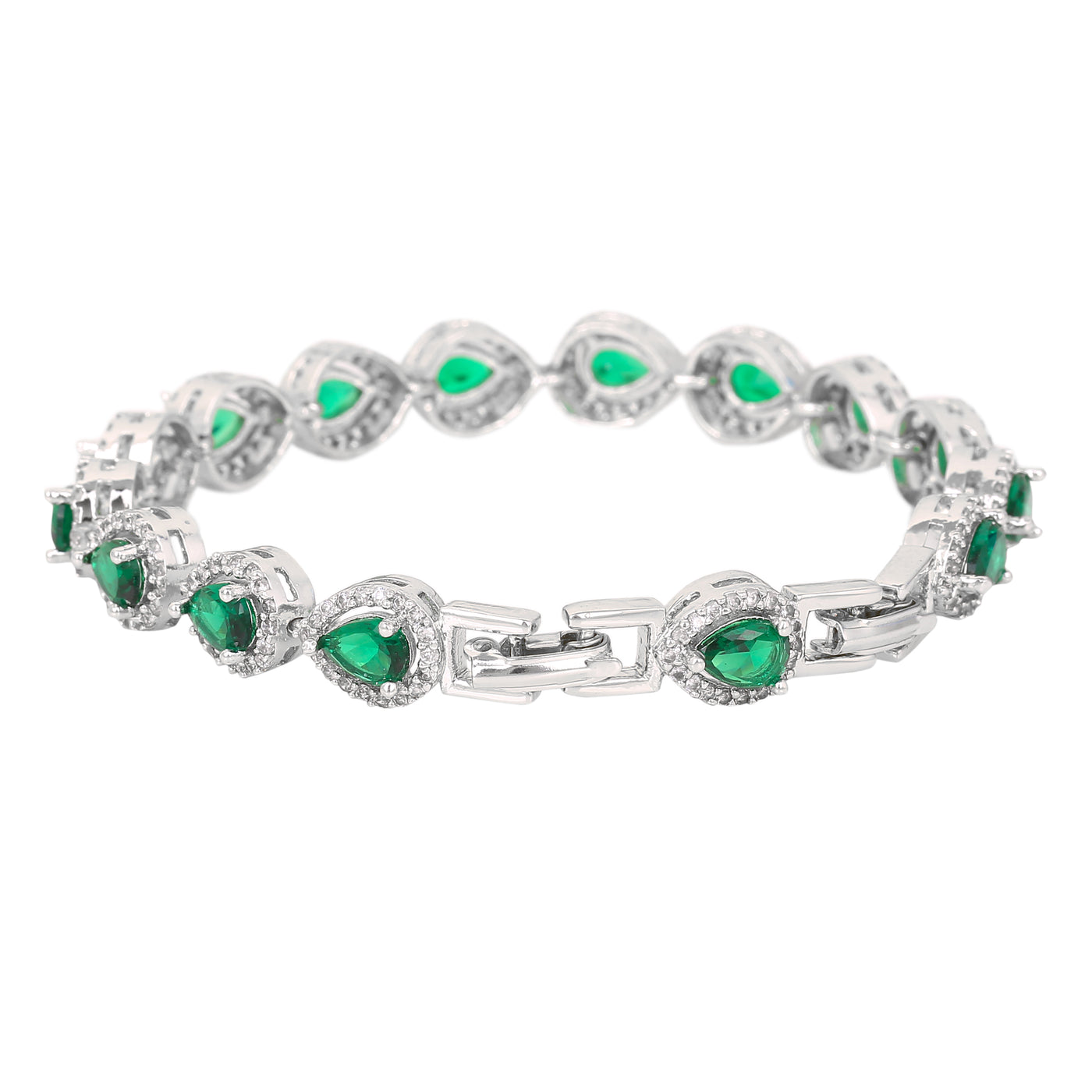 Estele Rhodium Plated CZ Classic Drop Designer Bracelet with Green Stones for Women